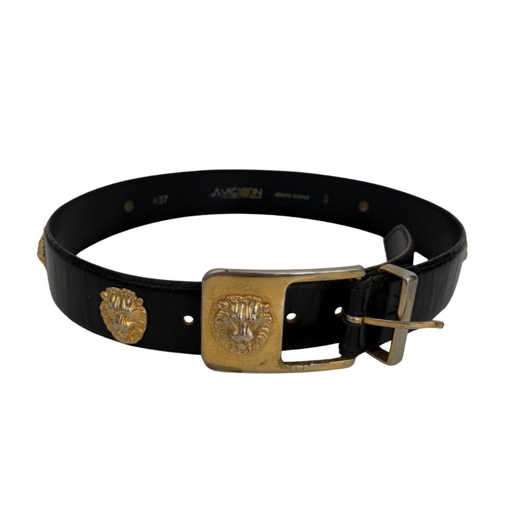 Vintage Avignon Black Leather Lion Head Belt Gold Medallions Size Small